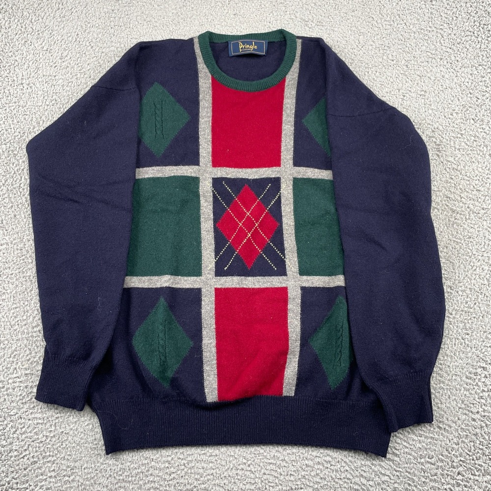 Pringle Sweater Mens XL Blue Argyle Crew Neck Long Sleeve Wool Pullover Vintage